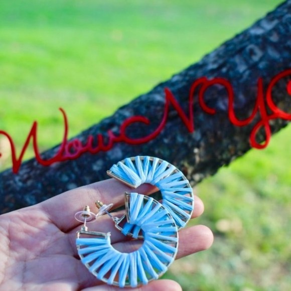 Anthropologie Jewelry - ANTHROPOLOGIE x BaubleBar Blue Boho Raffia Gold Hoop Earrings Beach Summer